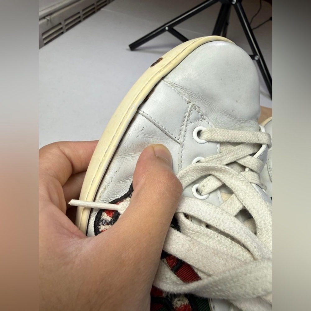 Mens Gucci Ace Embroidered Low Top Sneaker White Leather Snake Size 8 Used - Picture 13 of 16